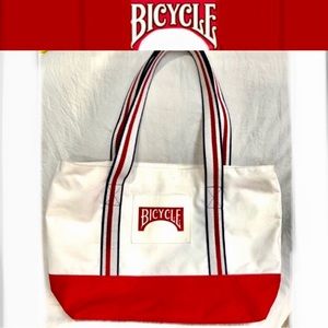 🛍️BICYCLE playing cards brand zippered white/red tote bag size 18 1/2 x 12 EUC